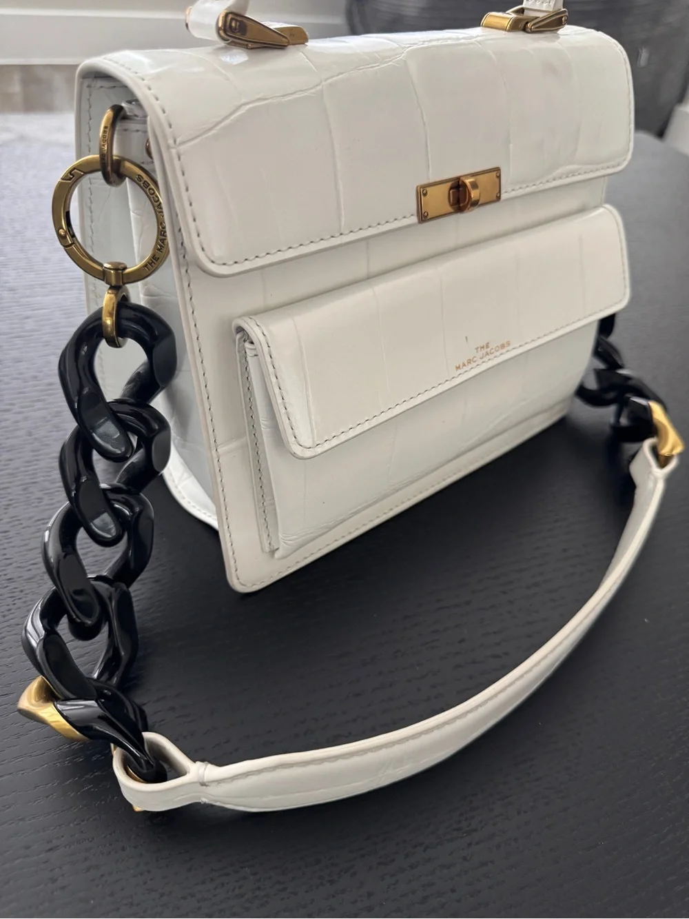 Marc Jacobs White Croc-Embossed Satchel with Black Chain Strap